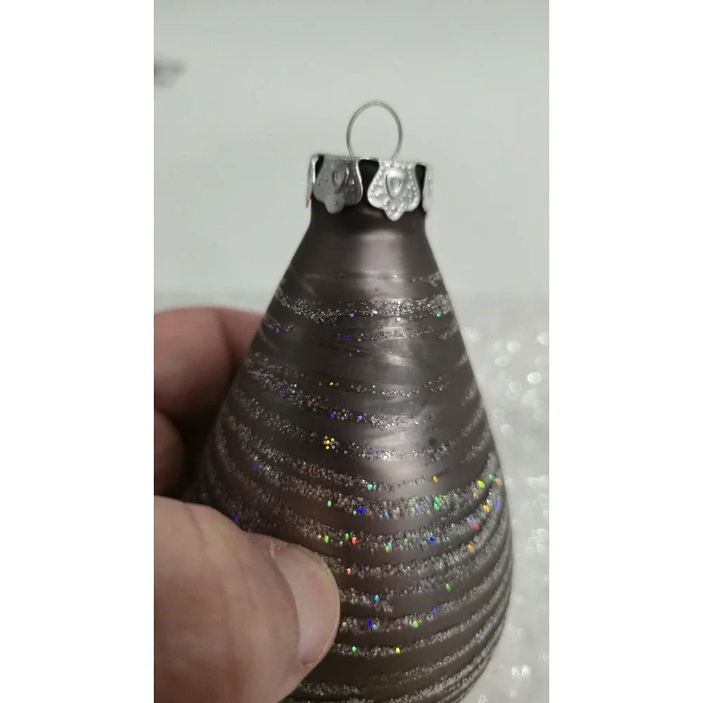 Large Vintage Silver Glitter Teardrop Christmas Ornament Striped Onion Shape